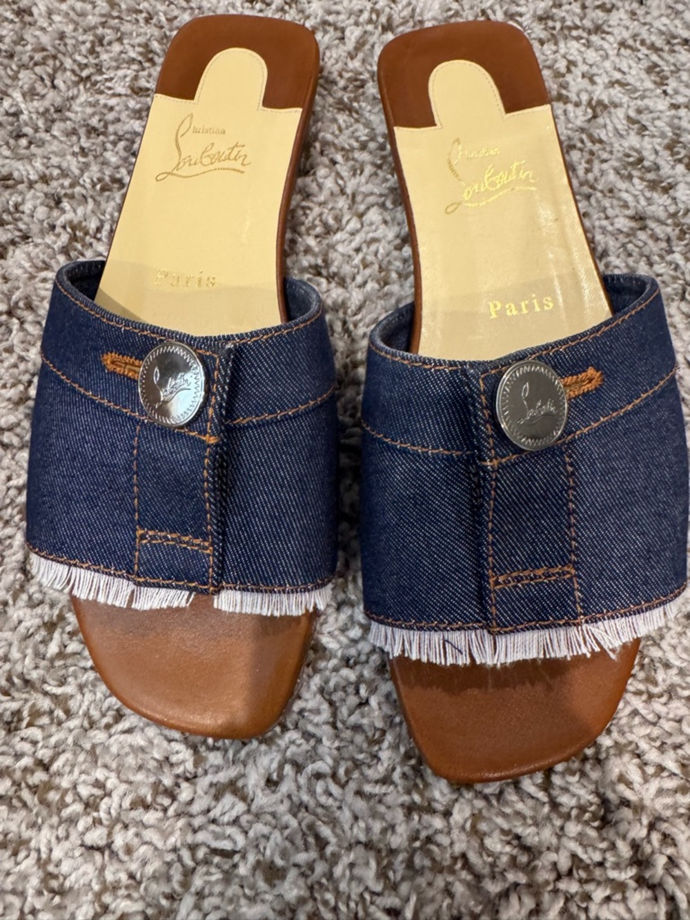 Christian Louboutin Brown Leather & Denim Slide Sandals. Red Bottoms.